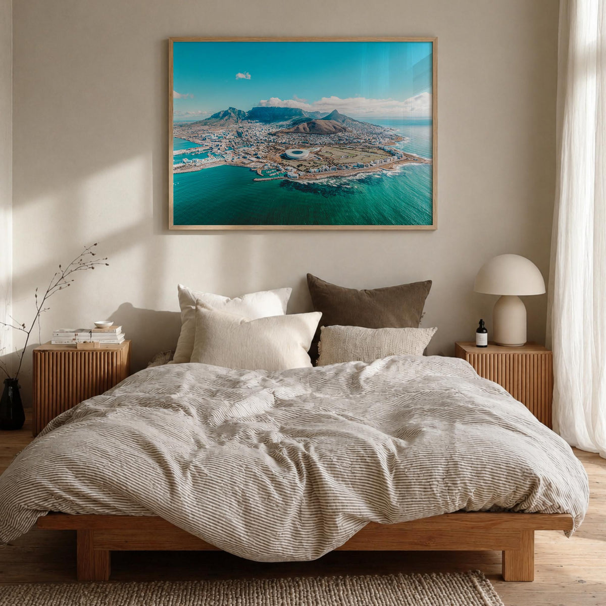 Cape Town colorful photo poster of South Africa – horizontal wall art in natural wood frame, hanging on wall