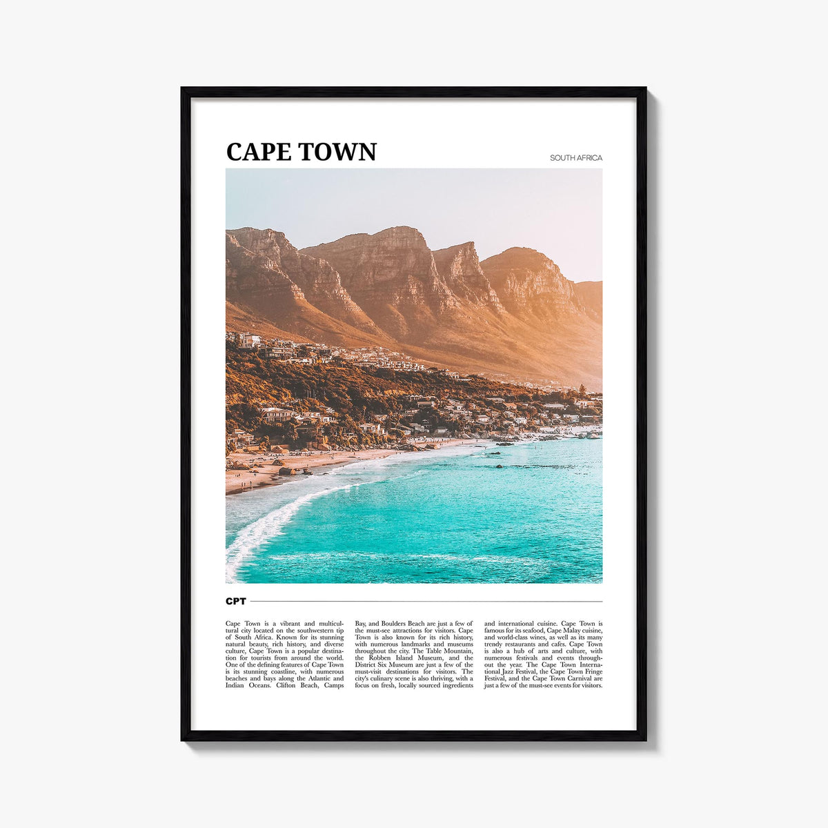 Cape Town colorful travel poster of South Africa – vertical wall art, unframed print shown in interior mockup