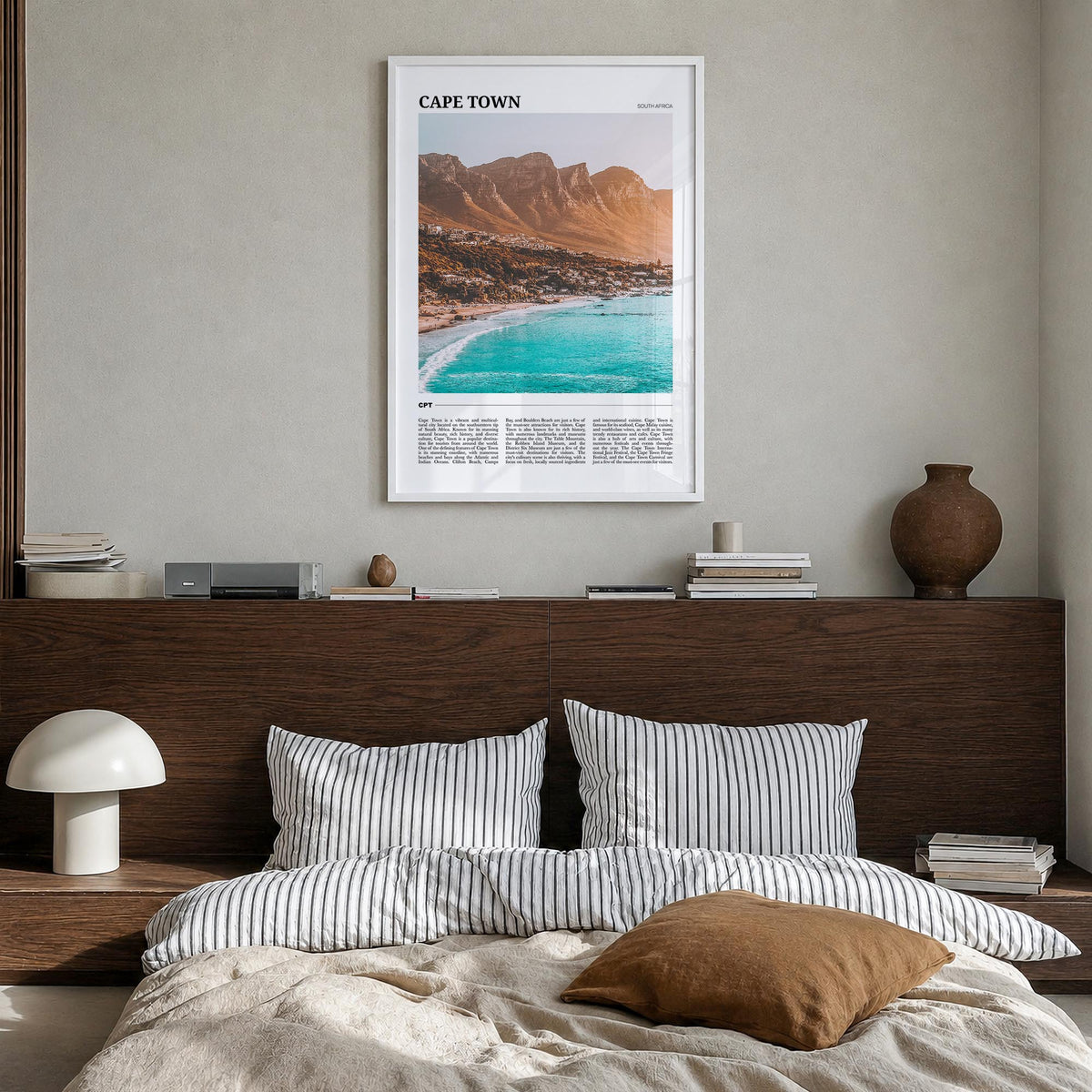 Cape Town colorful travel poster of South Africa – vertical wall art in white wood frame, hanging on wall