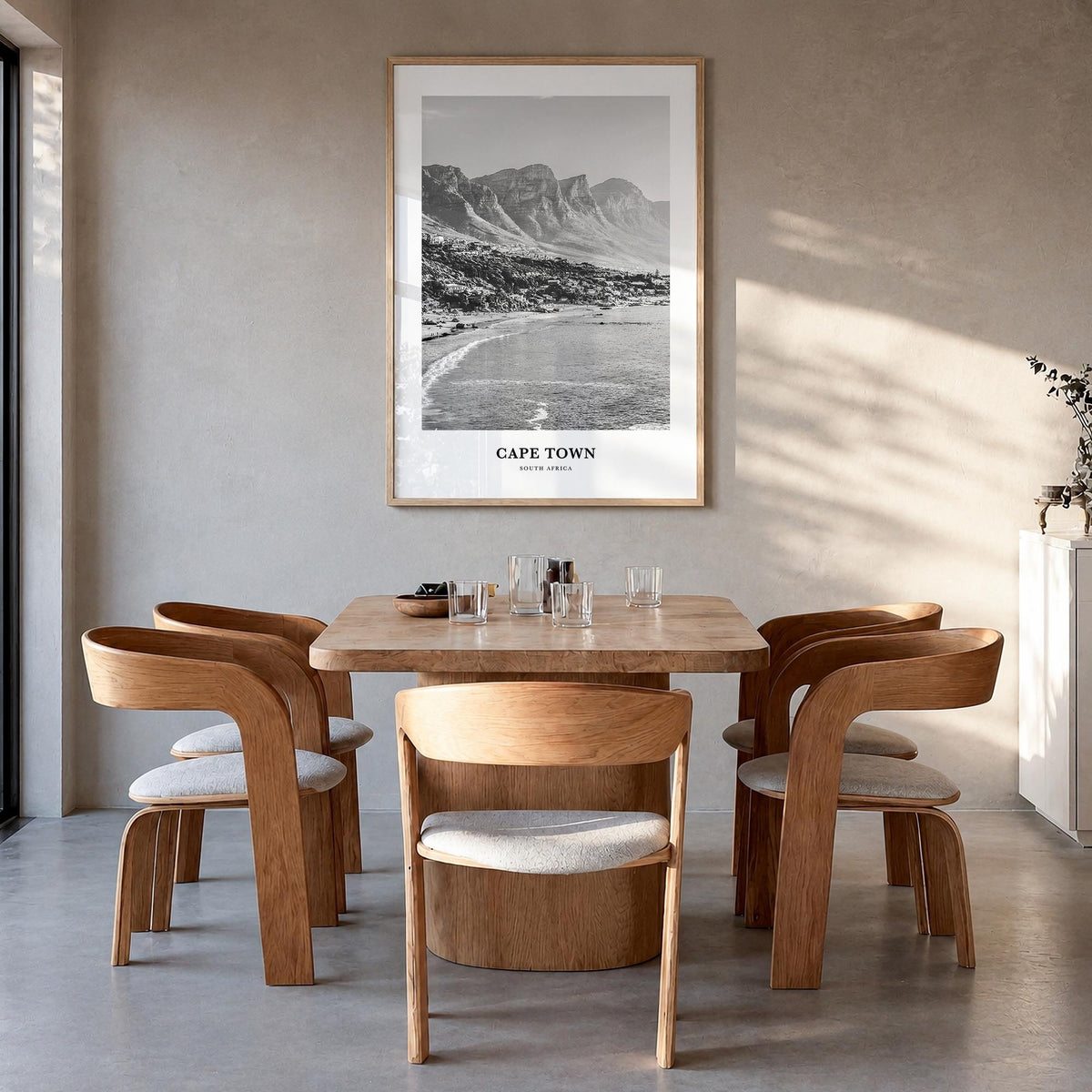 Cape Town no. 1 black & white classic poster of South Africa – vertical wall art in natural wood frame, hanging on wall