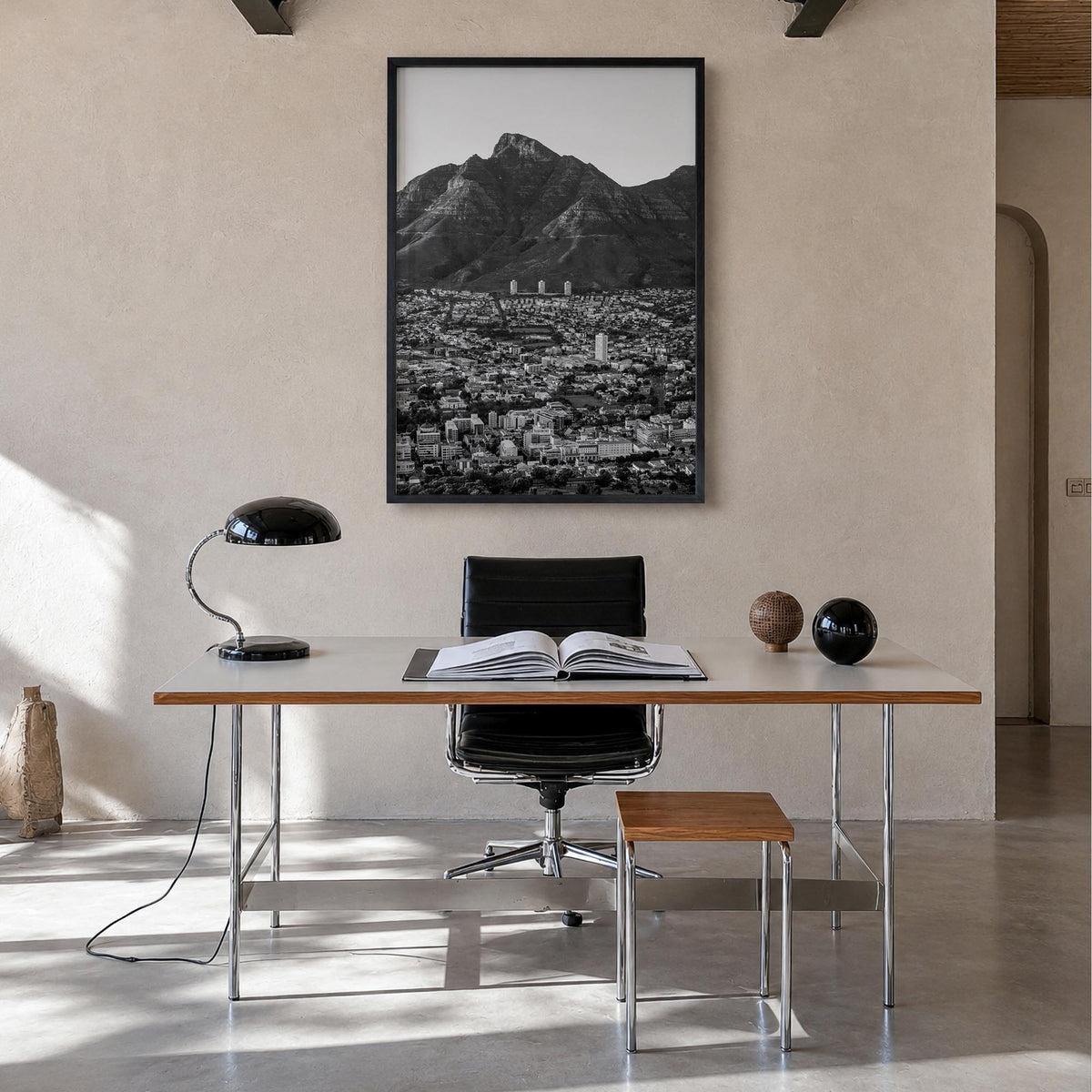 Cape Town no. 2 black & white photo poster of South Africa – vertical wall art in black wood frame, hanging on wall