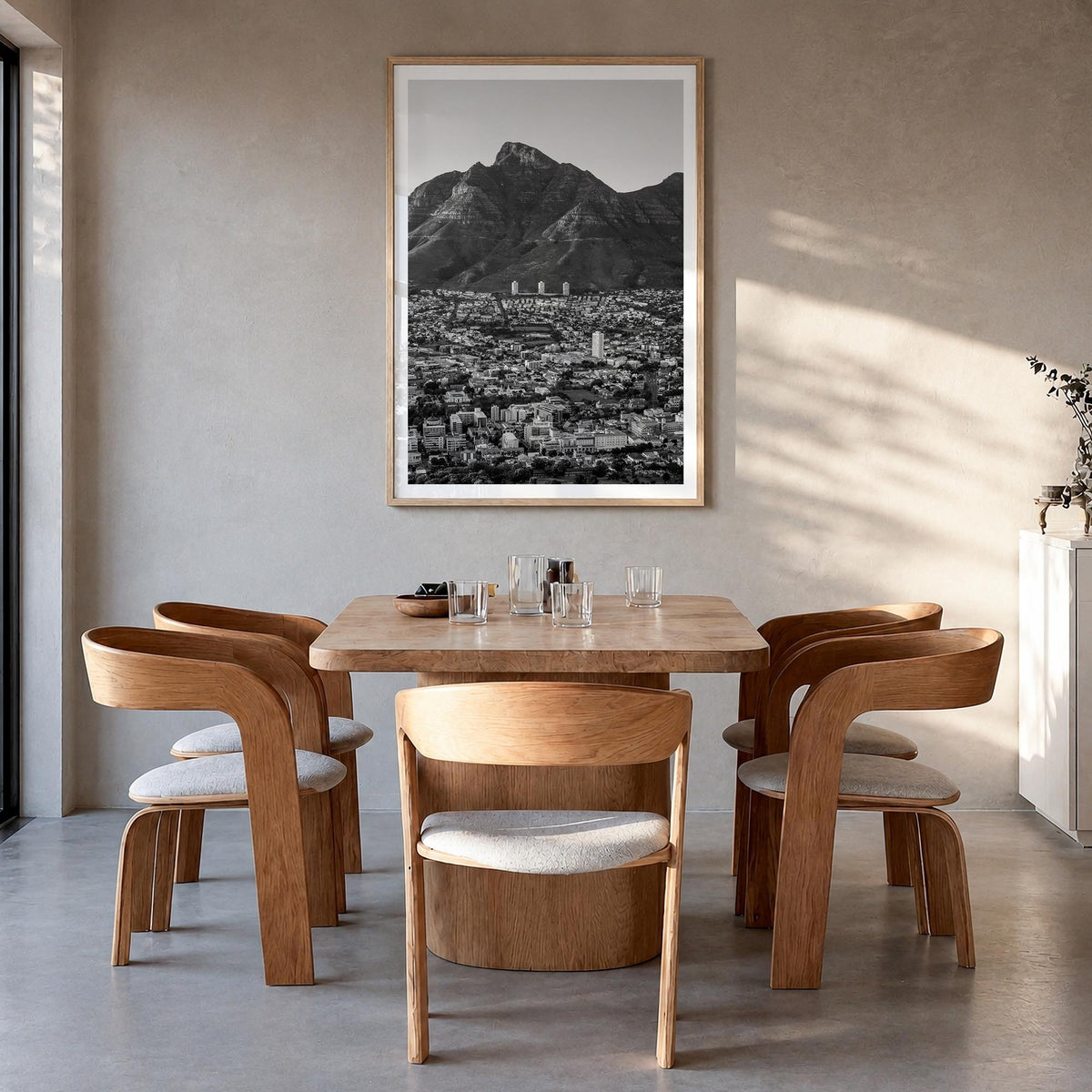 Cape Town no. 2 black & white photo poster of South Africa – vertical wall art in natural wood frame with white border, hangi