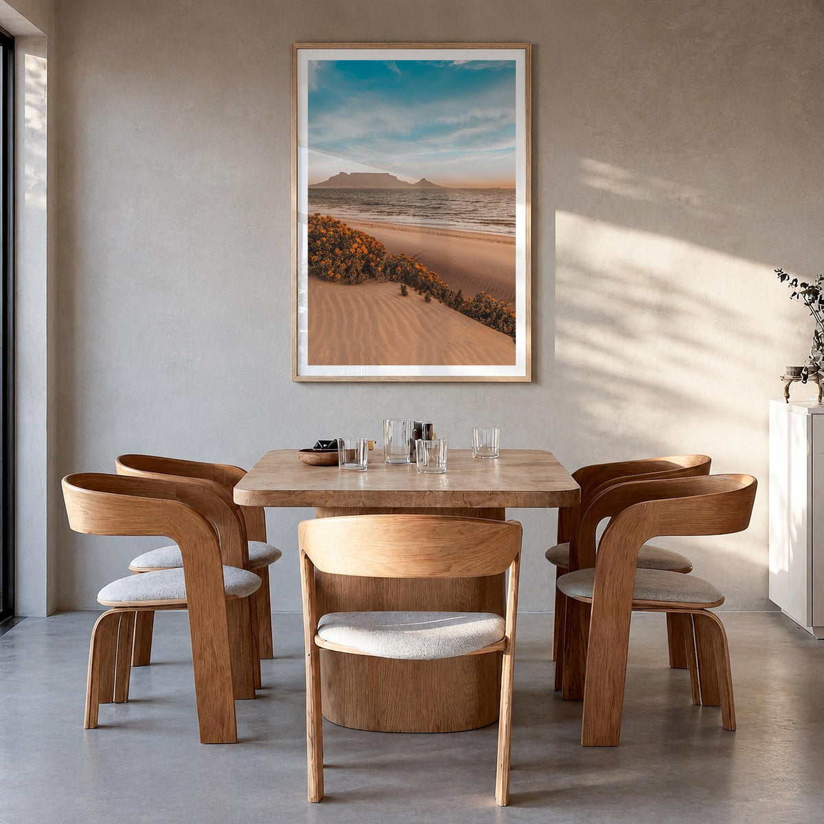 Cape Town no. 2 colorful photo poster of South Africa – vertical wall art in natural wood frame with white border, hanging on