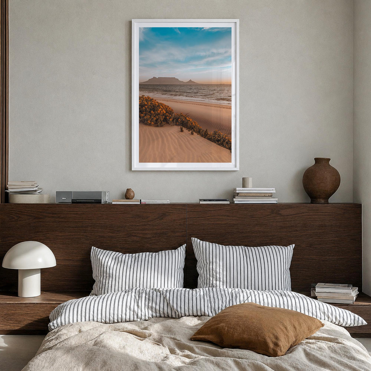 Cape Town no. 2 colorful photo poster of South Africa – vertical wall art in white wood frame with white border, hanging on w