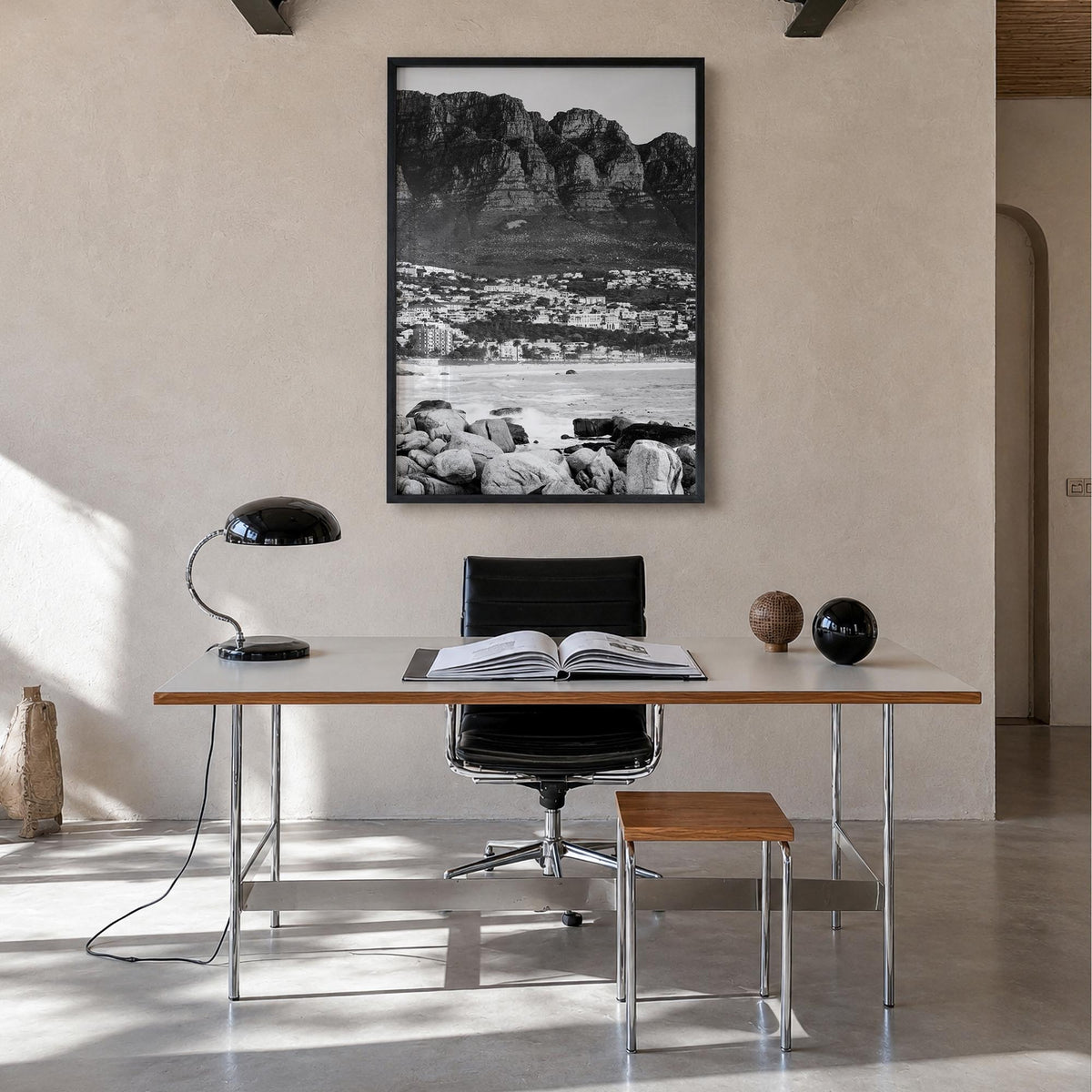 Cape Town no. 3 black & white photo poster of South Africa – vertical wall art in black wood frame, hanging on wall