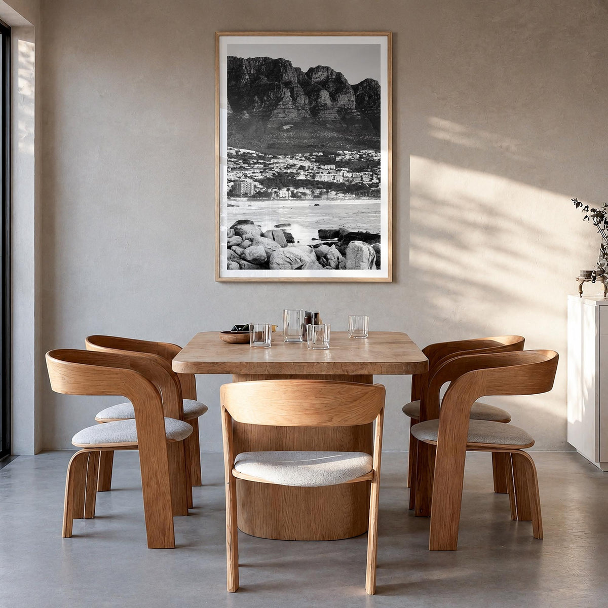 Cape Town no. 3 black & white photo poster of South Africa – vertical wall art in natural wood frame with white border, hangi