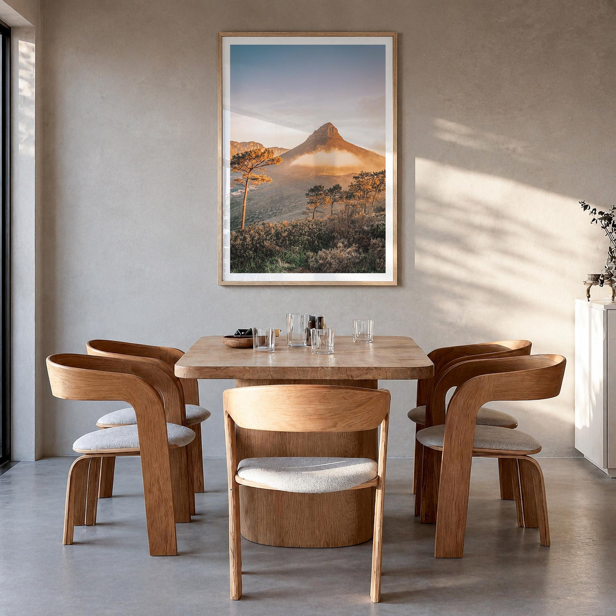 Cape Town no. 3 colorful photo poster of South Africa – vertical wall art in natural wood frame with white border, hanging on