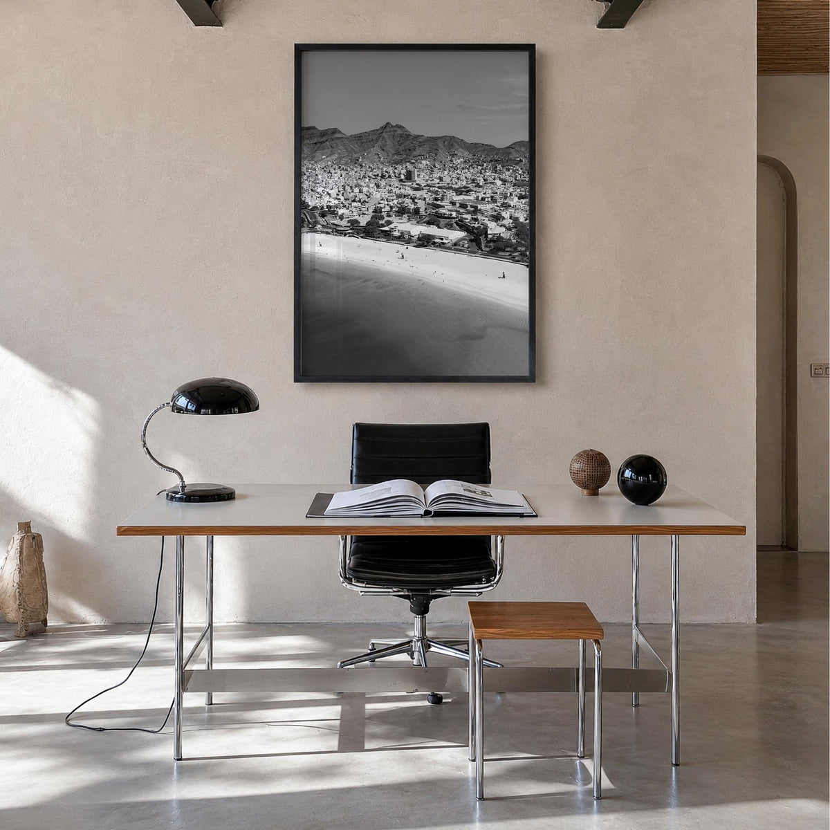 Cape Verde black & white photo poster of Cabo Verde – vertical wall art in black wood frame, hanging on wall