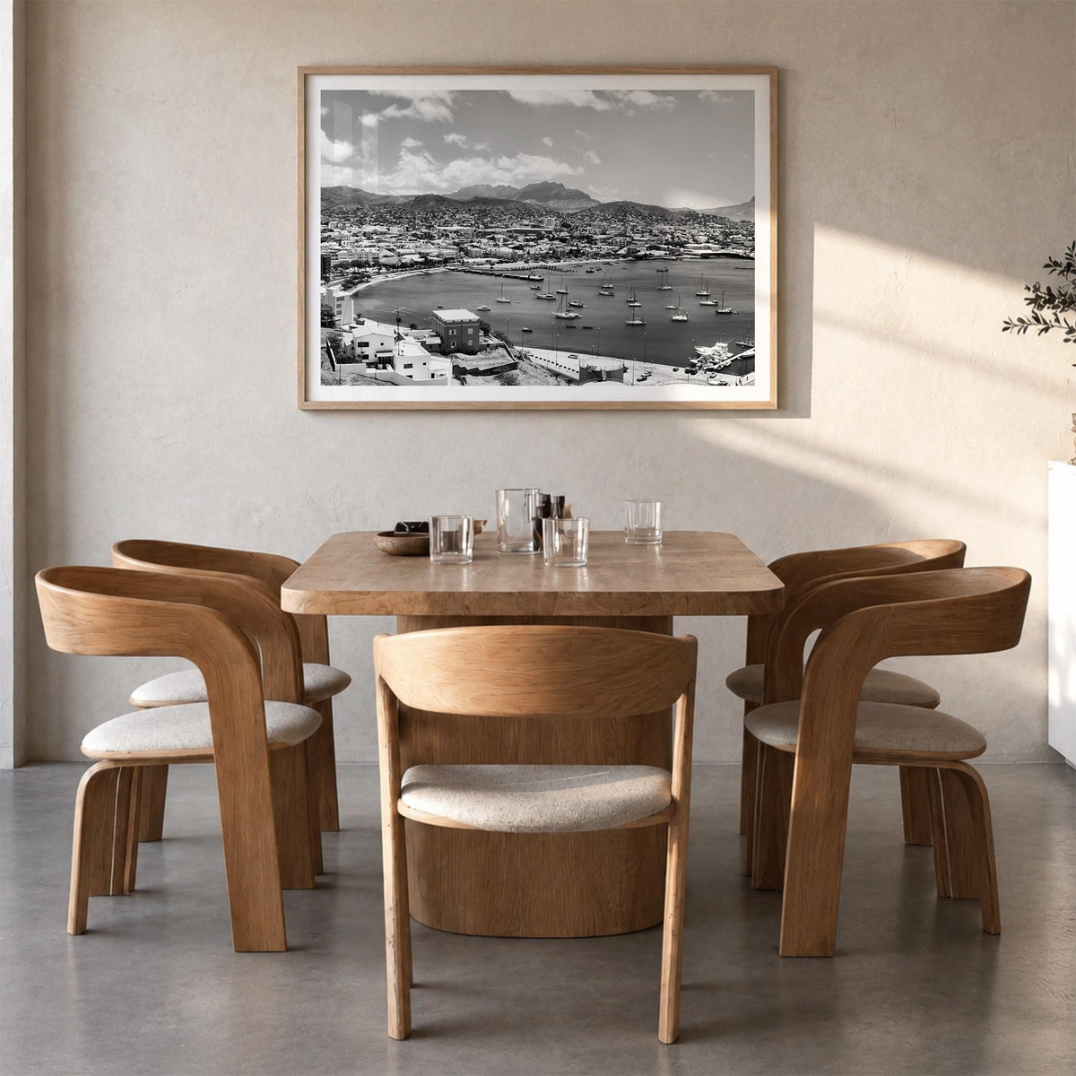 Cape Verde black & white photo poster of Cabo Verde – horizontal wall art in natural wood frame with white border, hanging on