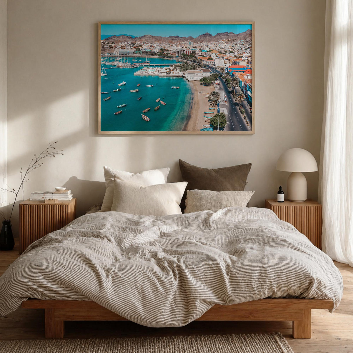 Cape Verde colorful photo poster of Cabo Verde – horizontal wall art in natural wood frame, hanging on wall
