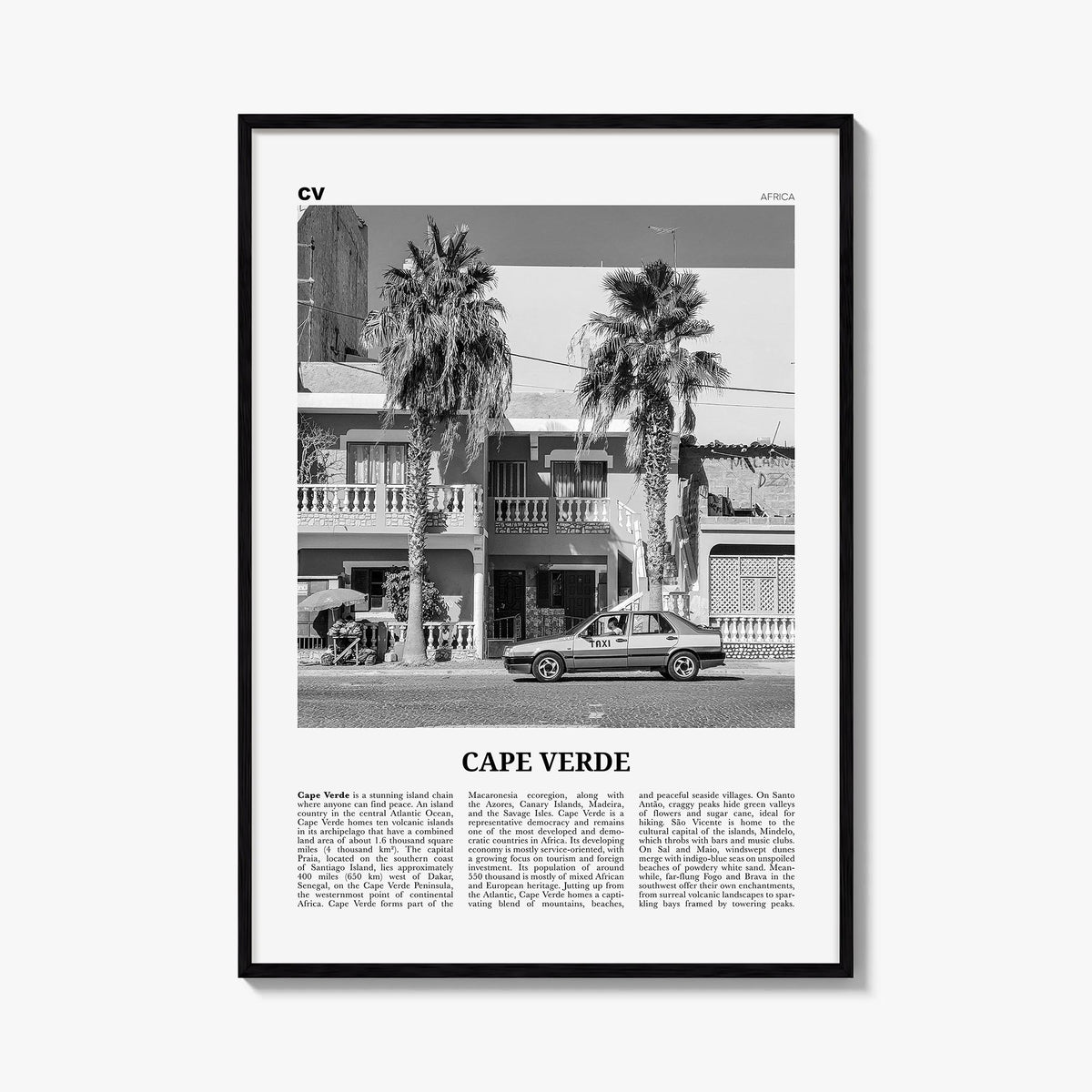 Cape Verde no. 2 black & white newspaper poster of Cabo Verde – vertical wall art, unframed print shown in interior mockup