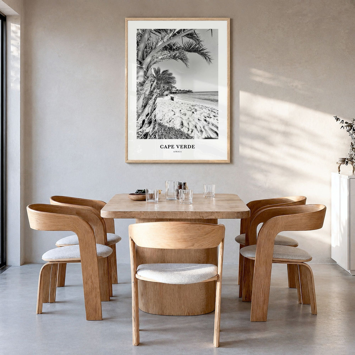 Cape Verde Classic No 1 Poster in a natural wood frame, hanging in a dining room