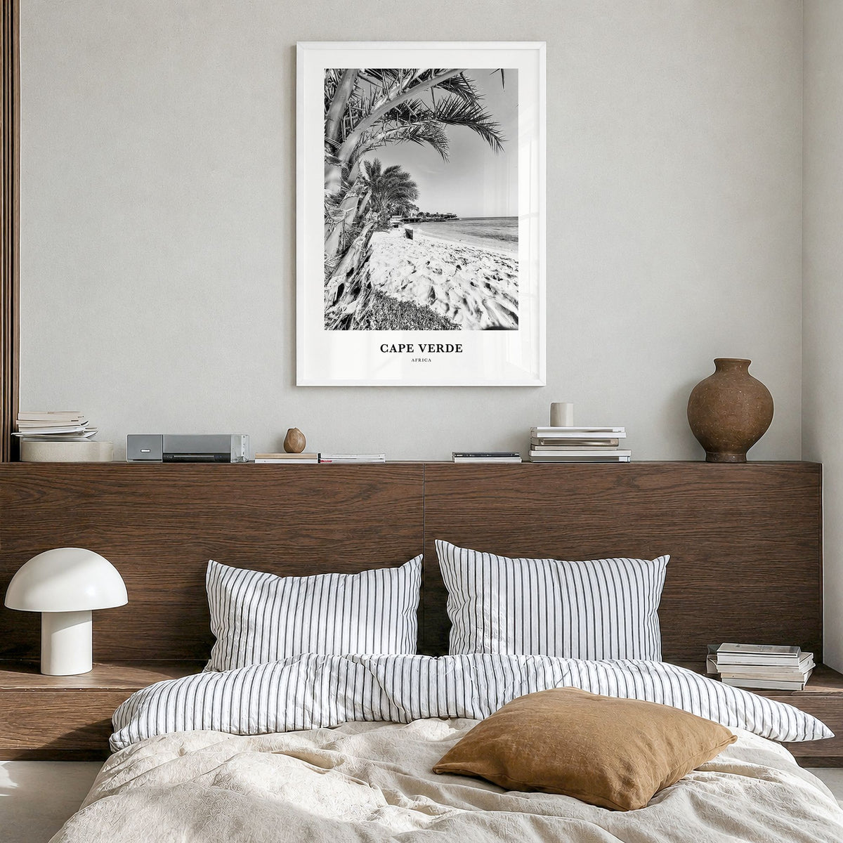 Cape Verde Classic No 1 Poster in a white wood frame, hanging in a bedroom