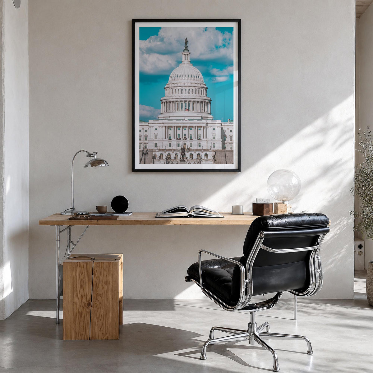 Capitol Hill colorful photo poster of District of Columbia, USA – vertical wall art in black wood frame with white border, ha