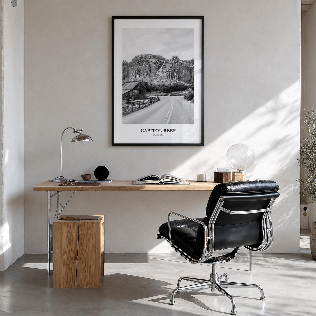 Capitol Reef National Park black & white classic poster of Utah, USA – vertical wall art in black wood frame, hanging on wall