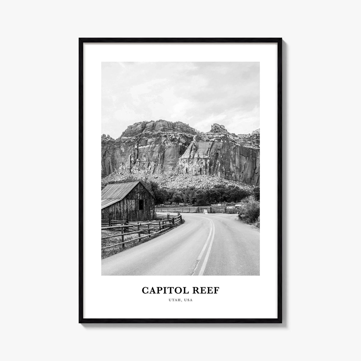 Capitol Reef National Park black & white classic poster of Utah, USA – vertical wall art, unframed print shown in interior mo