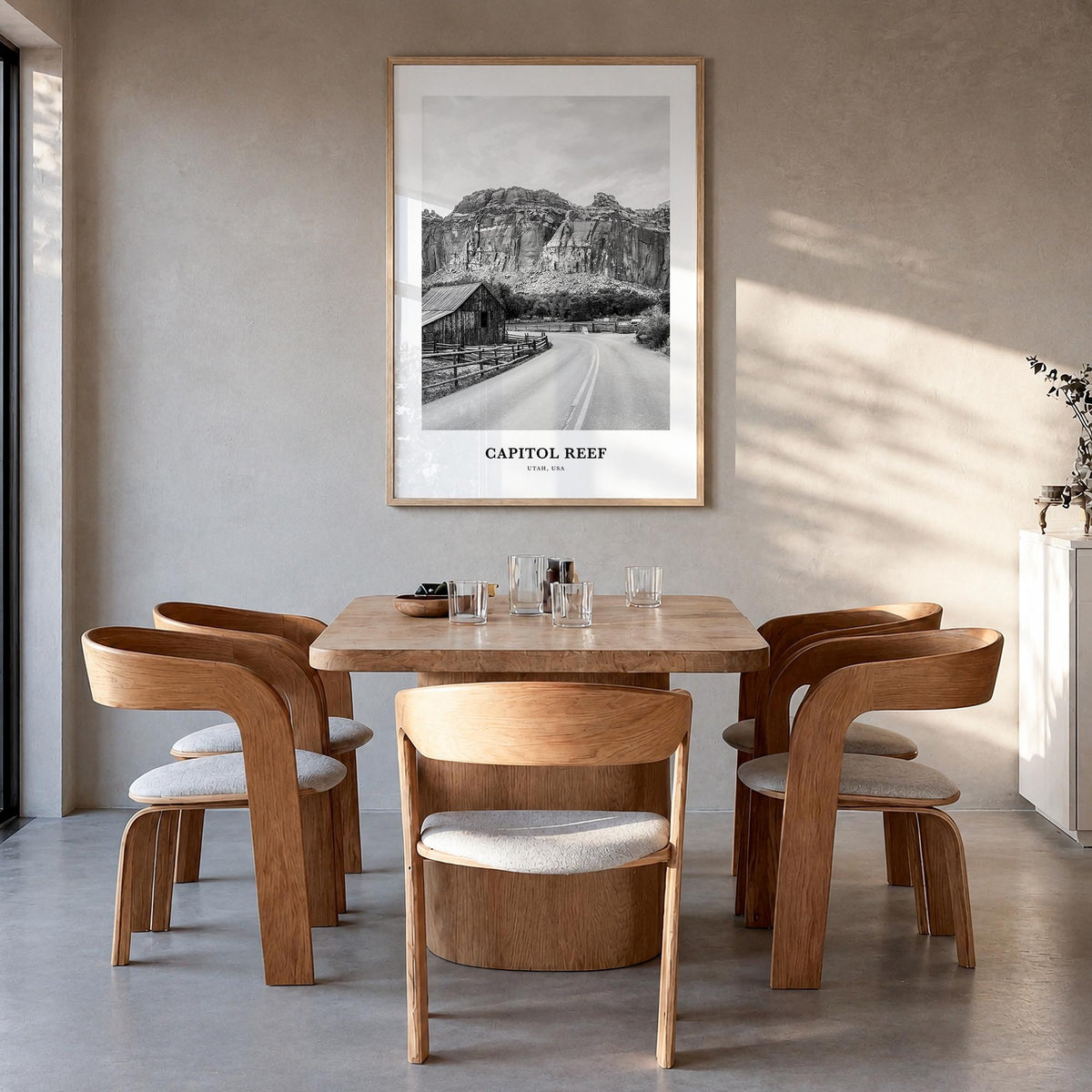 Capitol Reef National Park black & white classic poster of Utah, USA – vertical wall art in natural wood frame, hanging on wa
