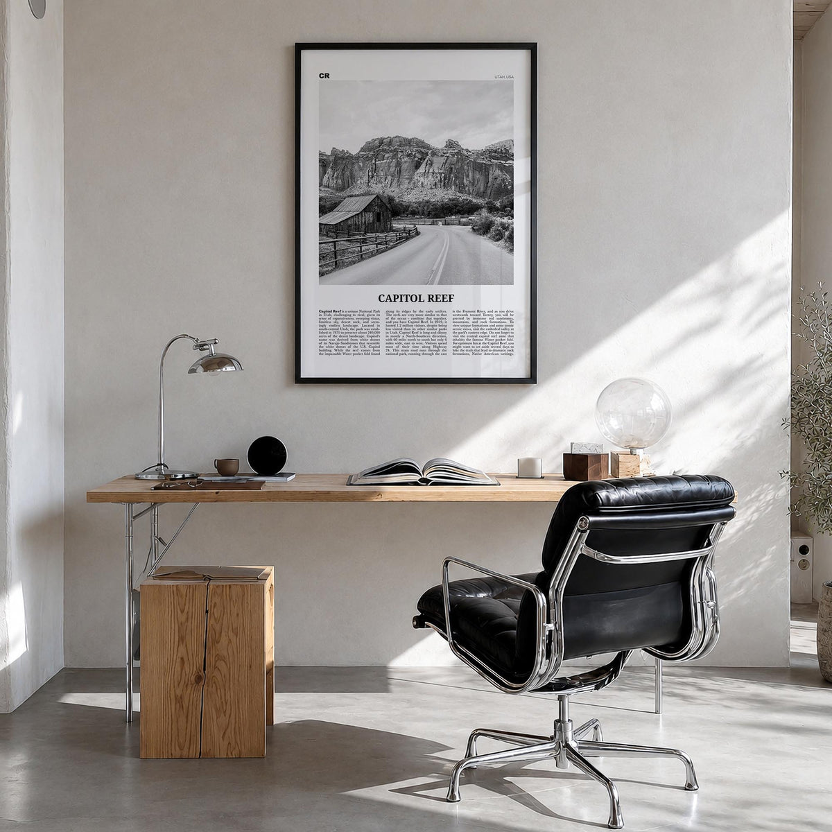 Capitol Reef National Park black & white newspaper poster of Utah, USA – vertical wall art in black wood frame, hanging on wa