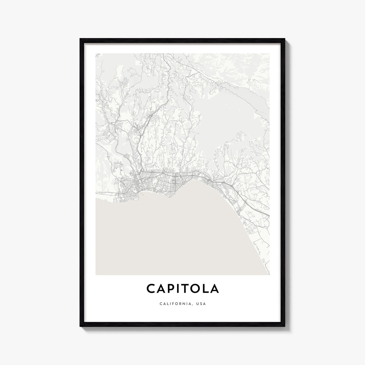 Capitola black & white map poster of California, USA – vertical wall art, unframed print shown in interior mockup
