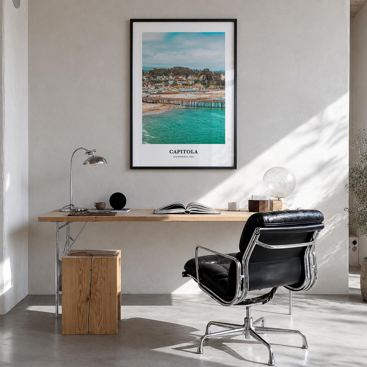 Capitola colorful classic poster of California, USA – vertical wall art in black wood frame, hanging on wall
