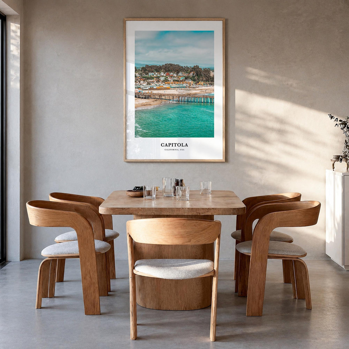Capitola colorful classic poster of California, USA – vertical wall art in natural wood frame, hanging on wall