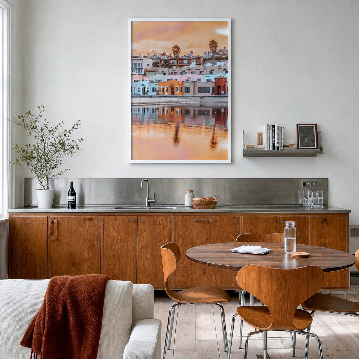 Capitola colorful photo poster of California, USA – vertical wall art in white wood frame, hanging on wall