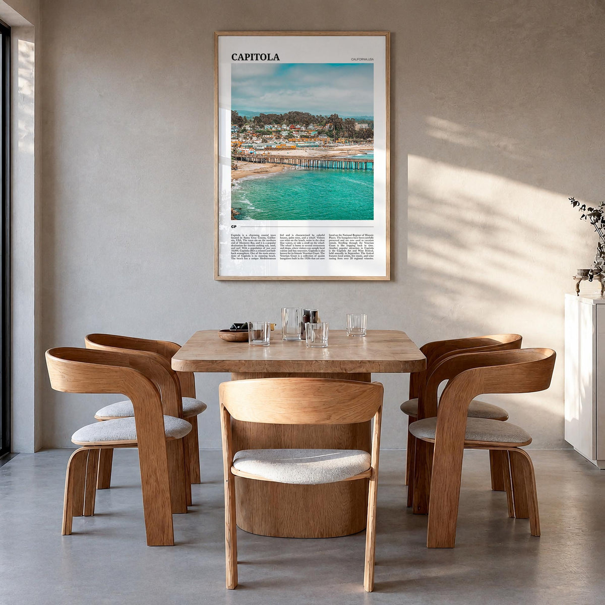Capitola colorful travel poster of California, USA – vertical wall art in natural wood frame, hanging on wall