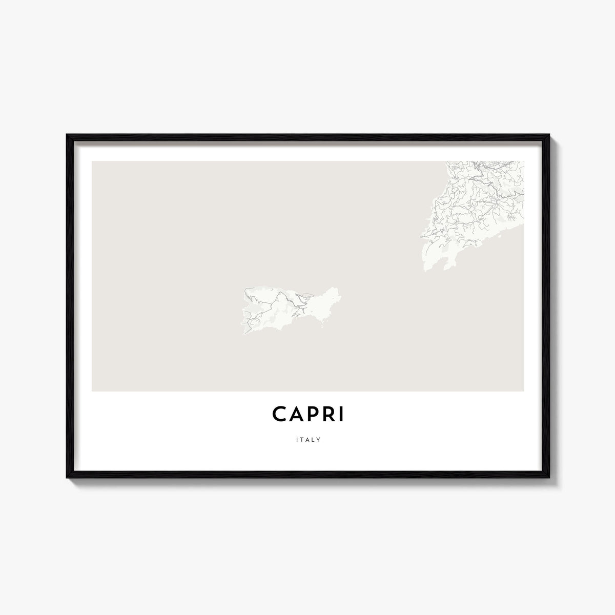 Capri black & white map poster of Italy – horizontal wall art, unframed print shown in interior mockup