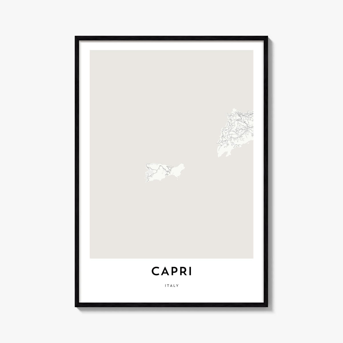 Capri black & white map poster of Italy – vertical wall art, unframed print shown in interior mockup