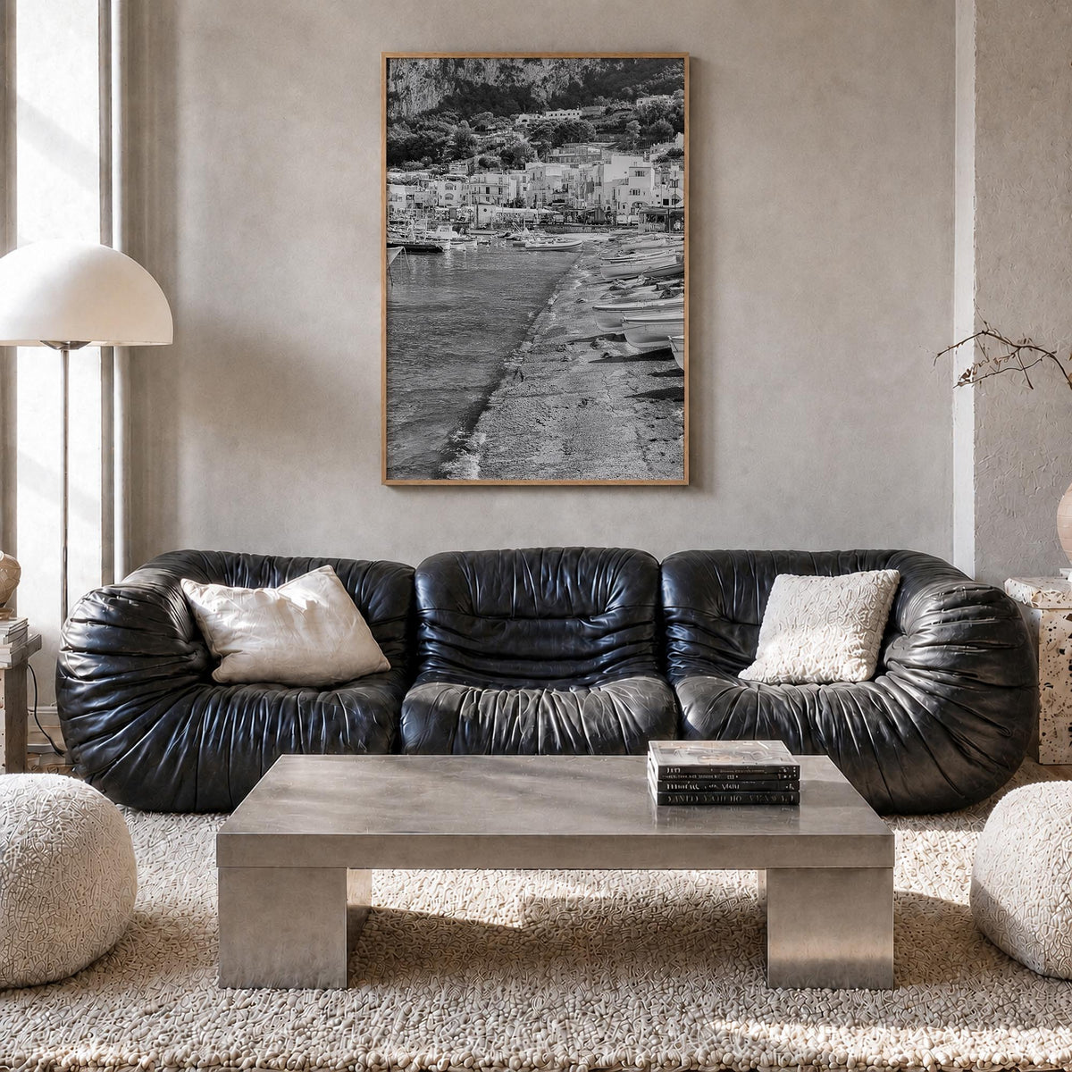 Capri black & white photo poster of Italy – vertical wall art in natural wood frame, hanging on wall