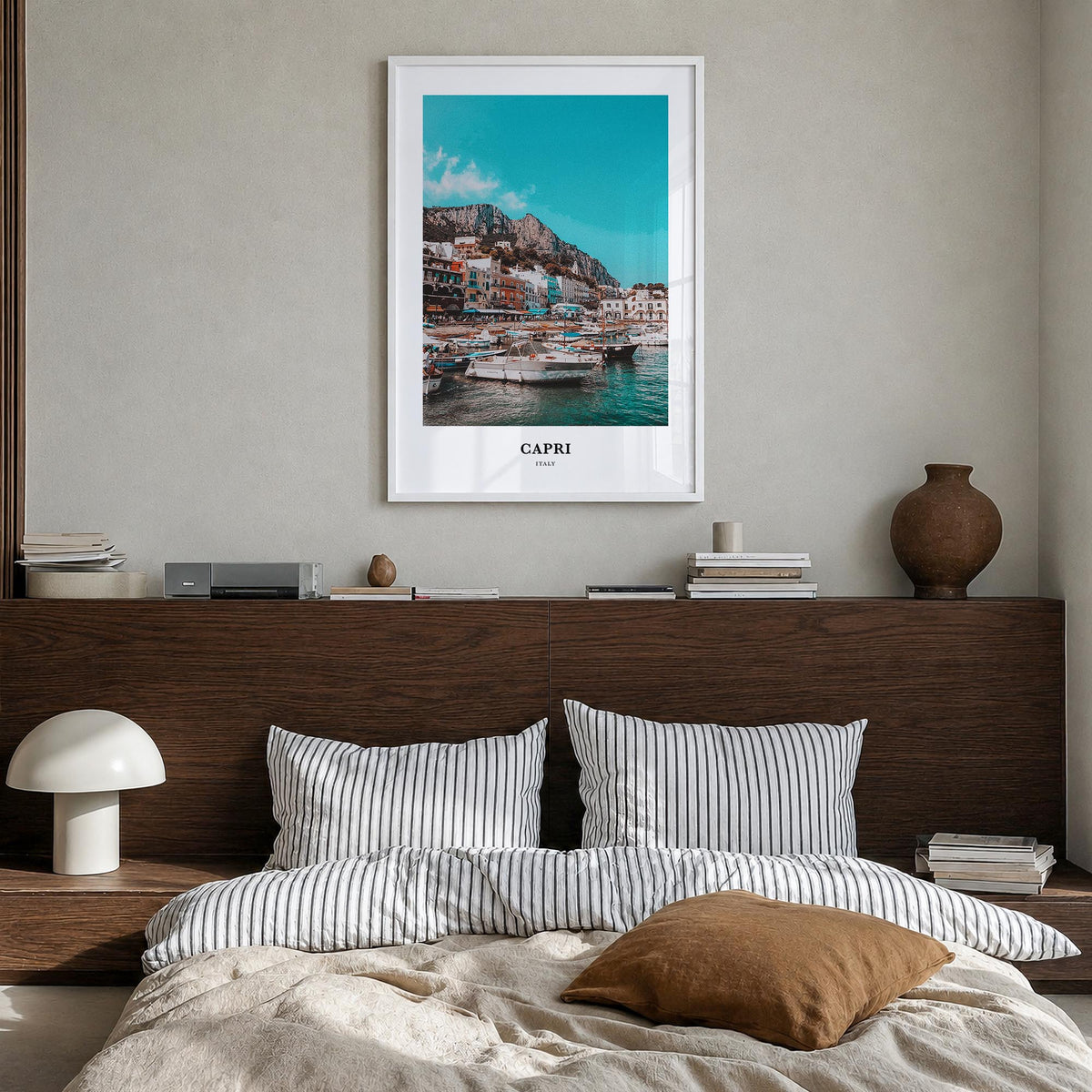 Capri colorful classic poster of Italy – vertical wall art in white wood frame, hanging on wall