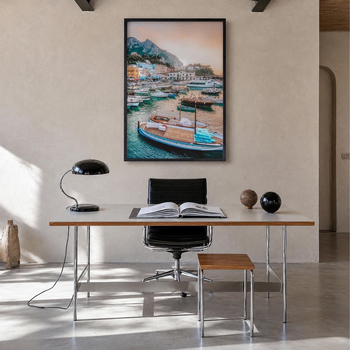Capri colorful photo poster of Italy – vertical wall art in black wood frame, hanging on wall