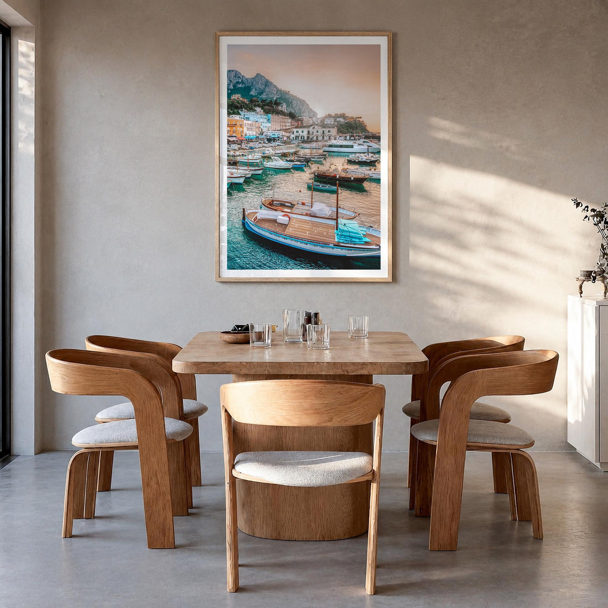 Capri colorful photo poster of Italy – vertical wall art in natural wood frame with white border, hanging on wall