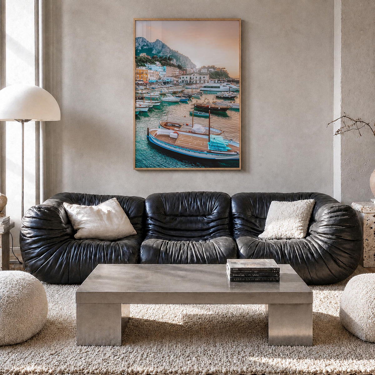 Capri colorful photo poster of Italy – vertical wall art in natural wood frame, hanging on wall
