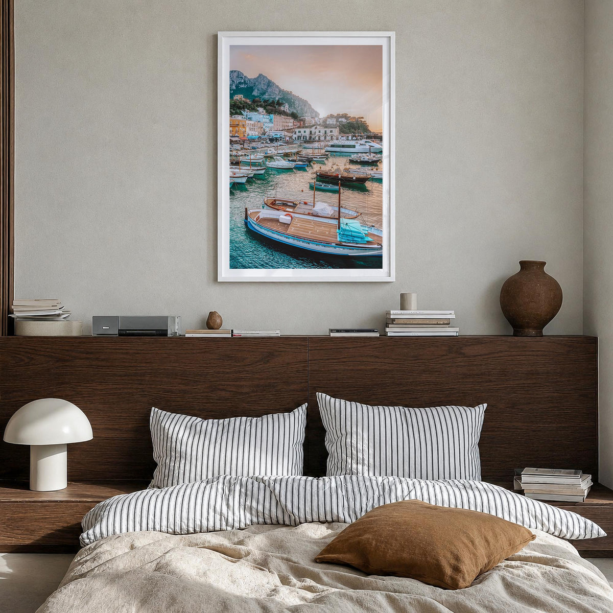 Capri colorful photo poster of Italy – vertical wall art in white wood frame with white border, hanging on wall