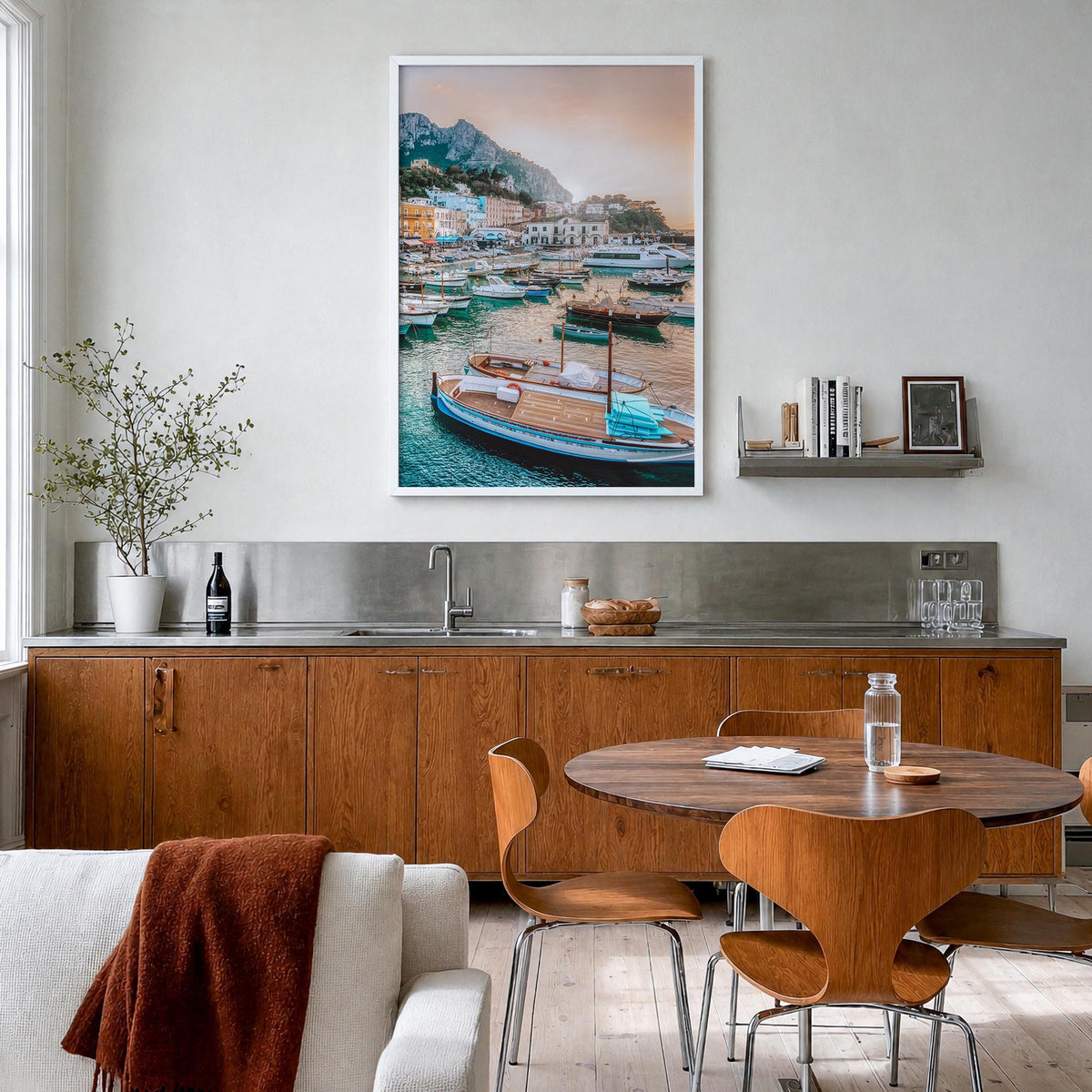 Capri colorful photo poster of Italy – vertical wall art in white wood frame, hanging on wall