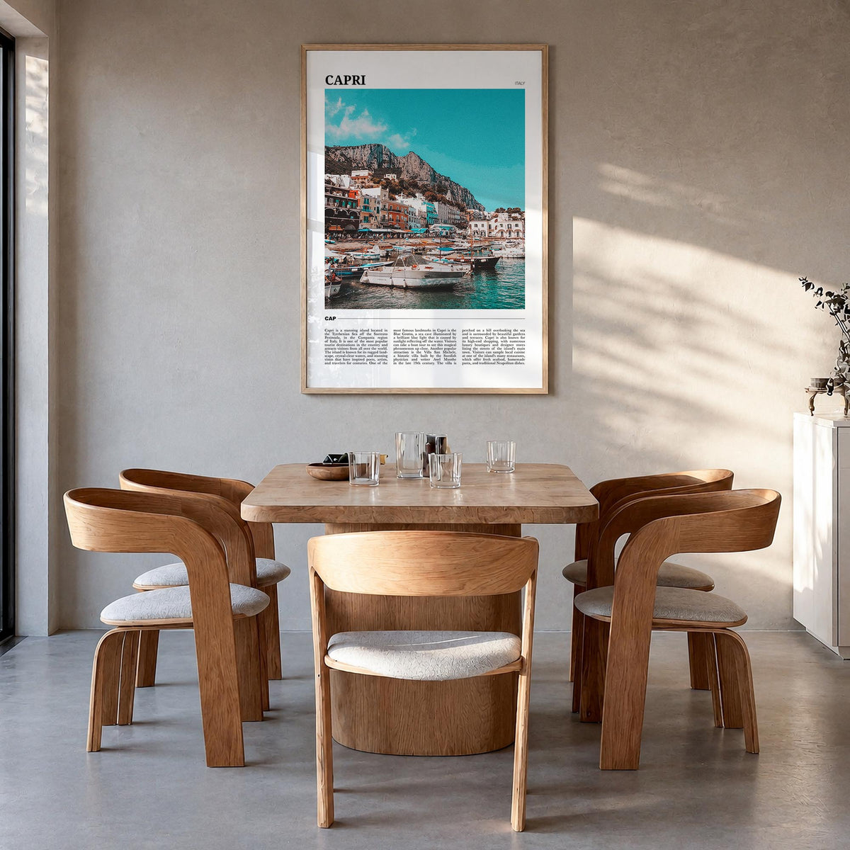 Capri colorful travel poster of Italy – vertical wall art in natural wood frame, hanging on wall
