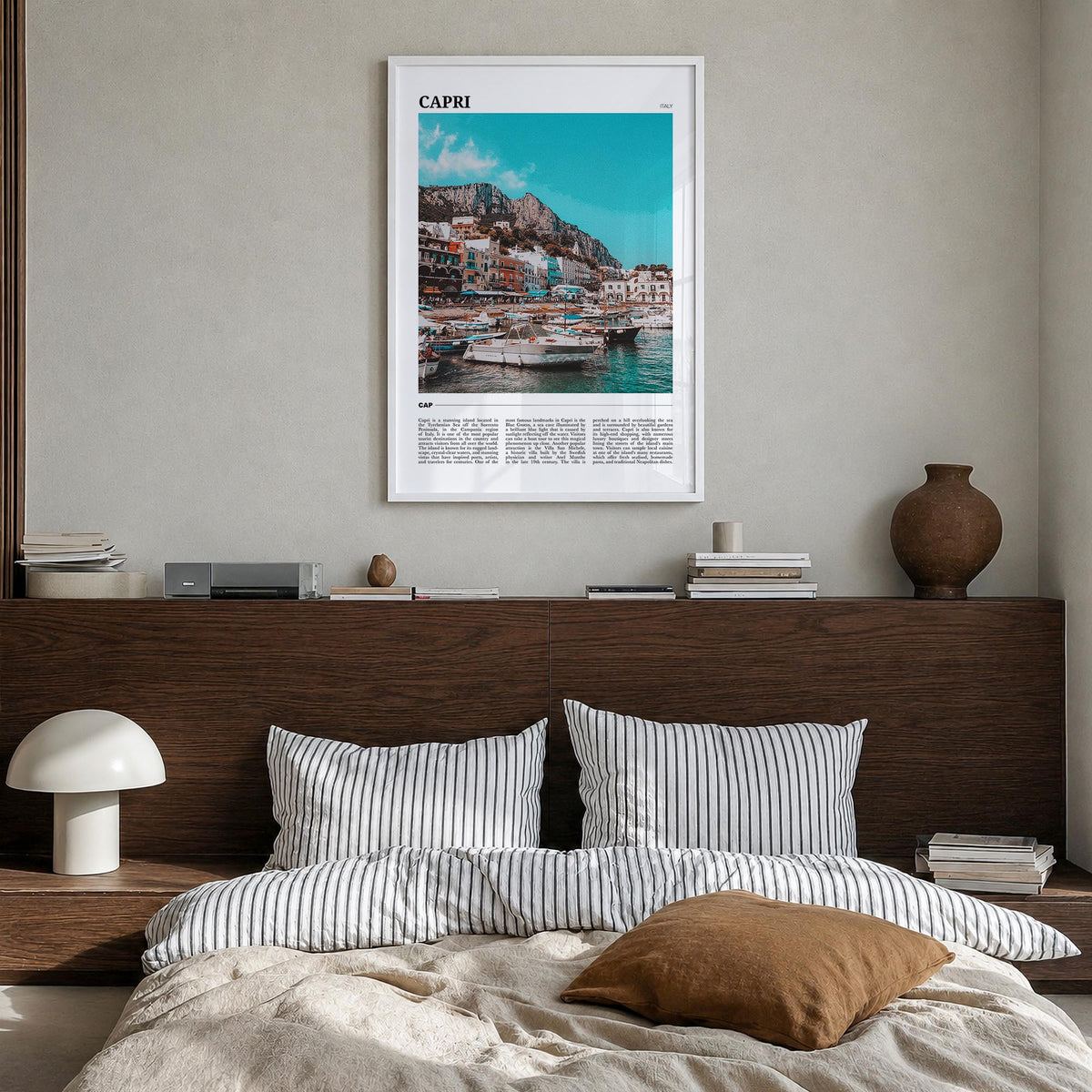 Capri colorful travel poster of Italy – vertical wall art in white wood frame, hanging on wall