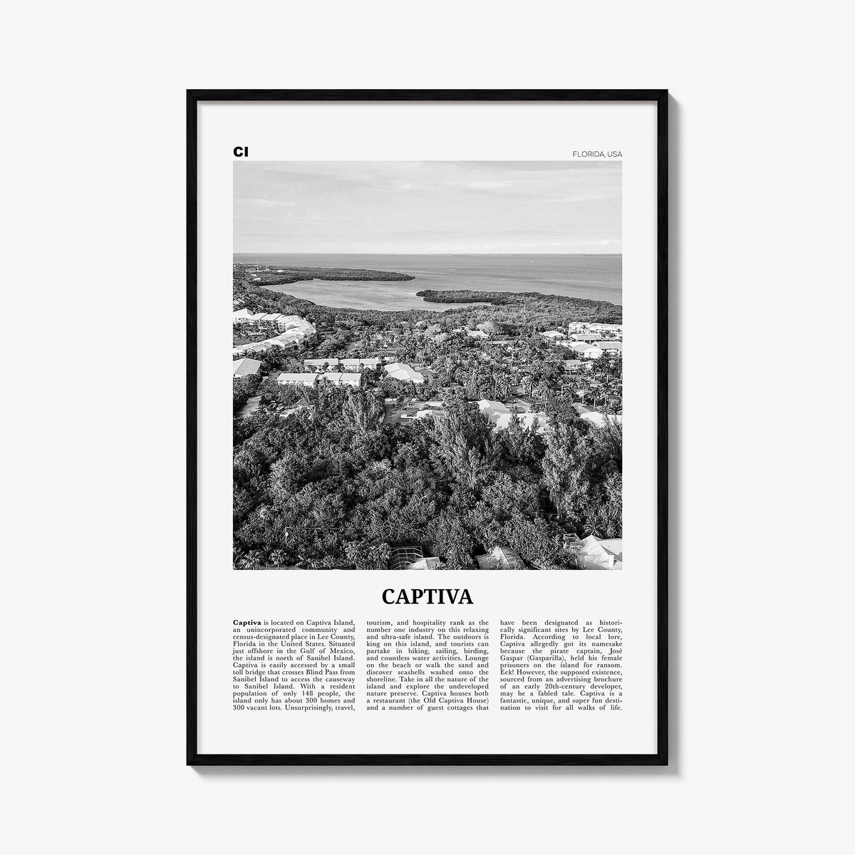 Captiva no. 2 black & white newspaper poster of Florida, USA – vertical wall art, unframed print shown in interior mockup