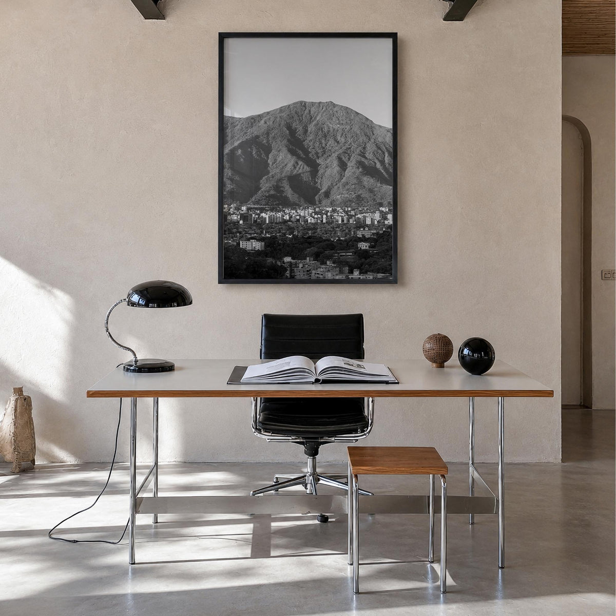 Caracas black & white photo poster of Venezuela – vertical wall art in black wood frame, hanging on wall