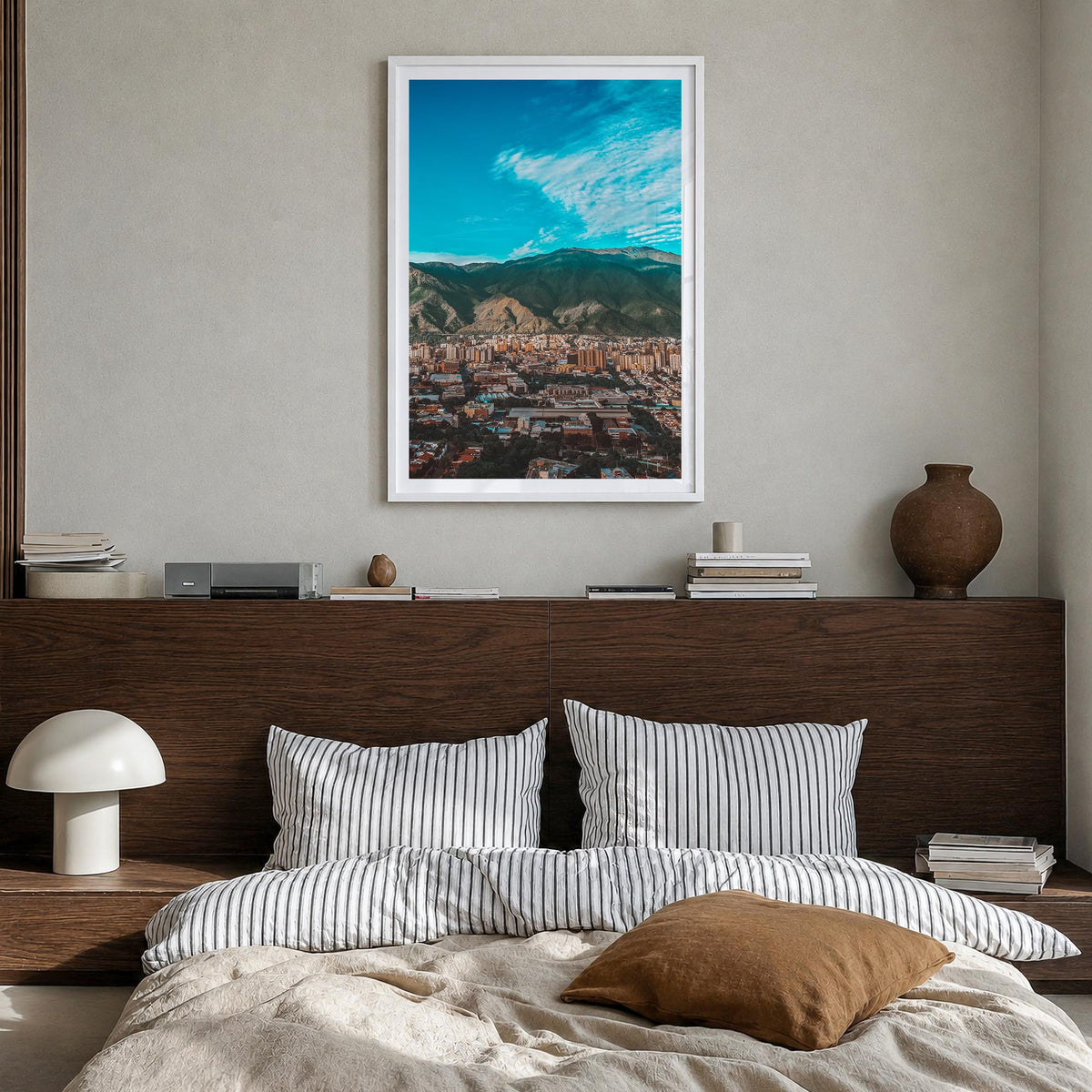 Caracas colorful photo poster of Venezuela – vertical wall art in white wood frame with white border, hanging on wall