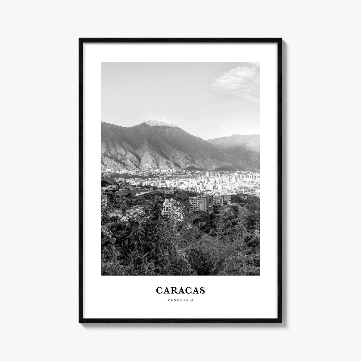 Caracas no. 1 black & white classic poster of Venezuela – vertical wall art, unframed print shown in interior mockup