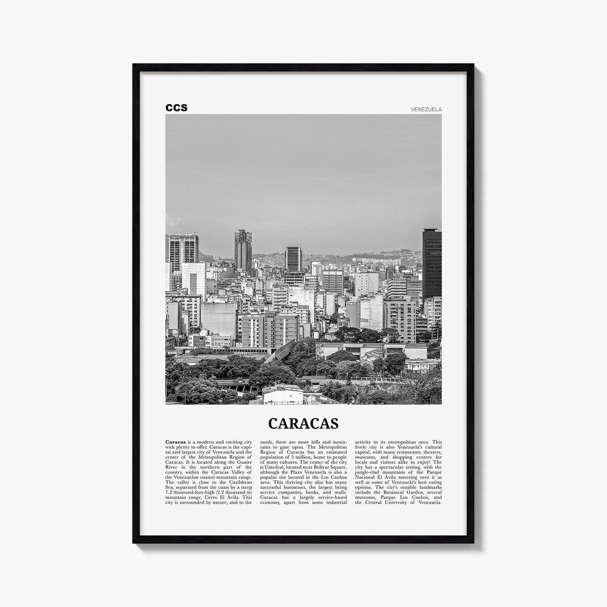 Caracas no. 1 black & white newspaper poster of Venezuela – vertical wall art, unframed print shown in interior mockup