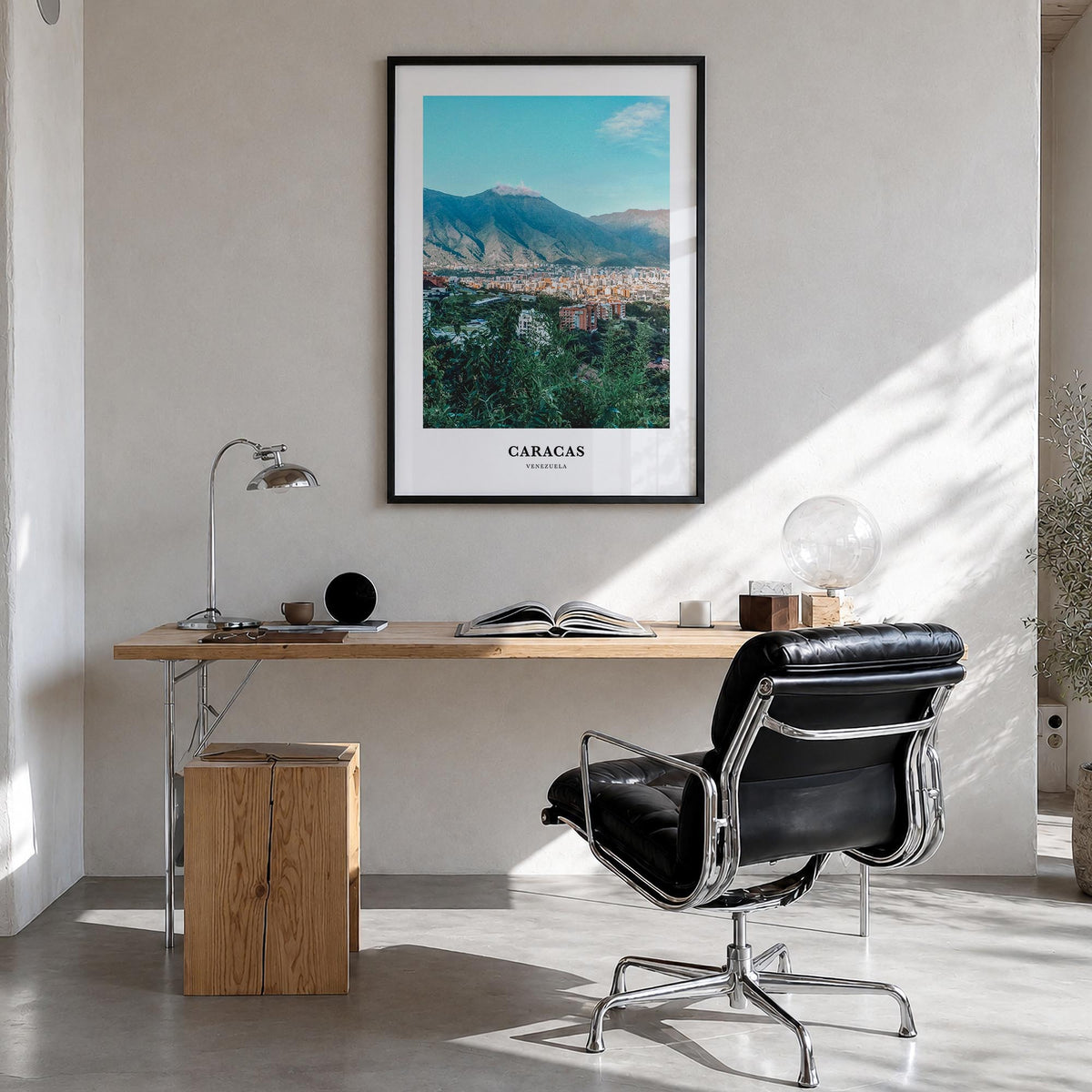 Caracas no. 2 colorful classic poster of Venezuela – vertical wall art in black wood frame, hanging on wall