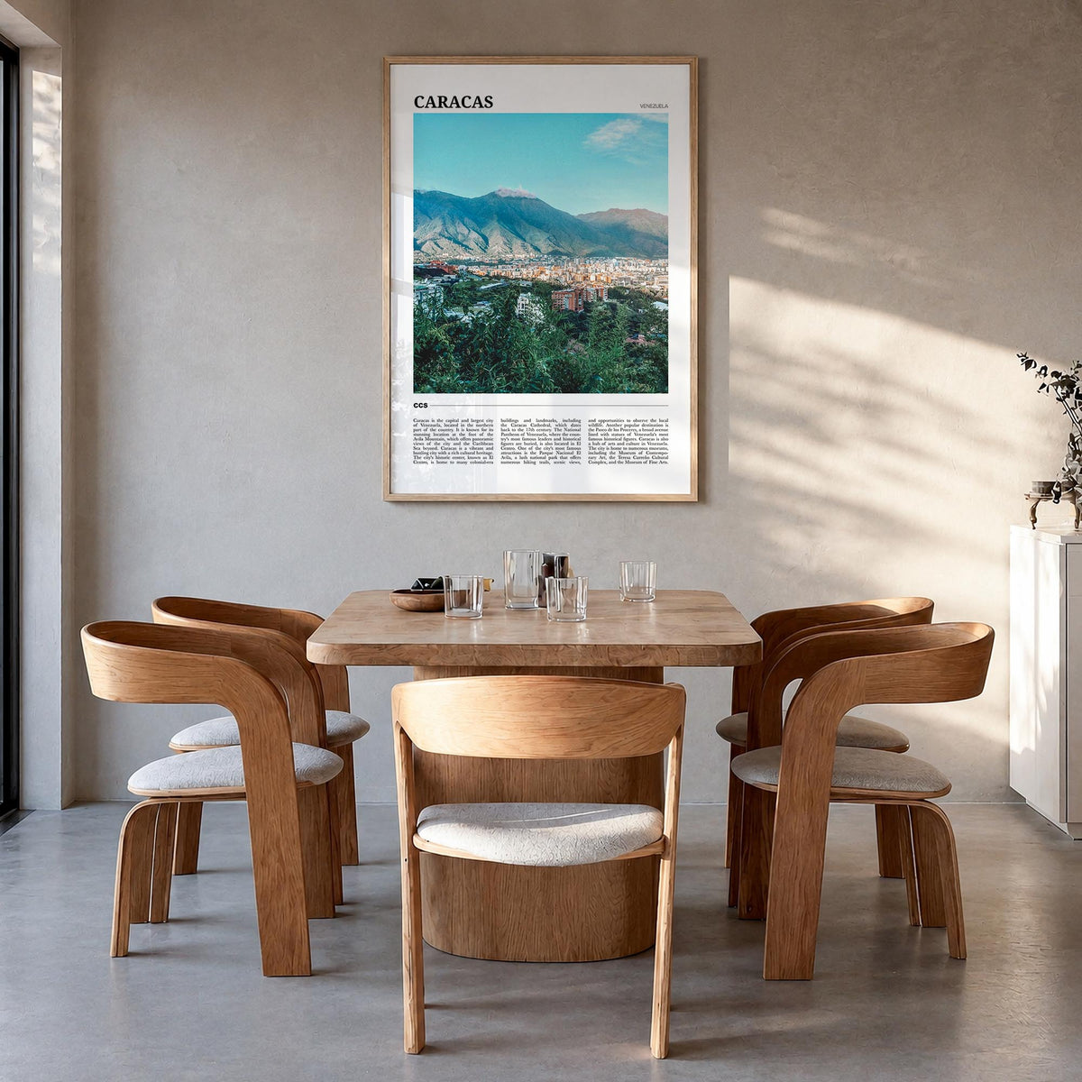 Caracas no. 2 colorful travel poster of Venezuela – vertical wall art in natural wood frame, hanging on wall