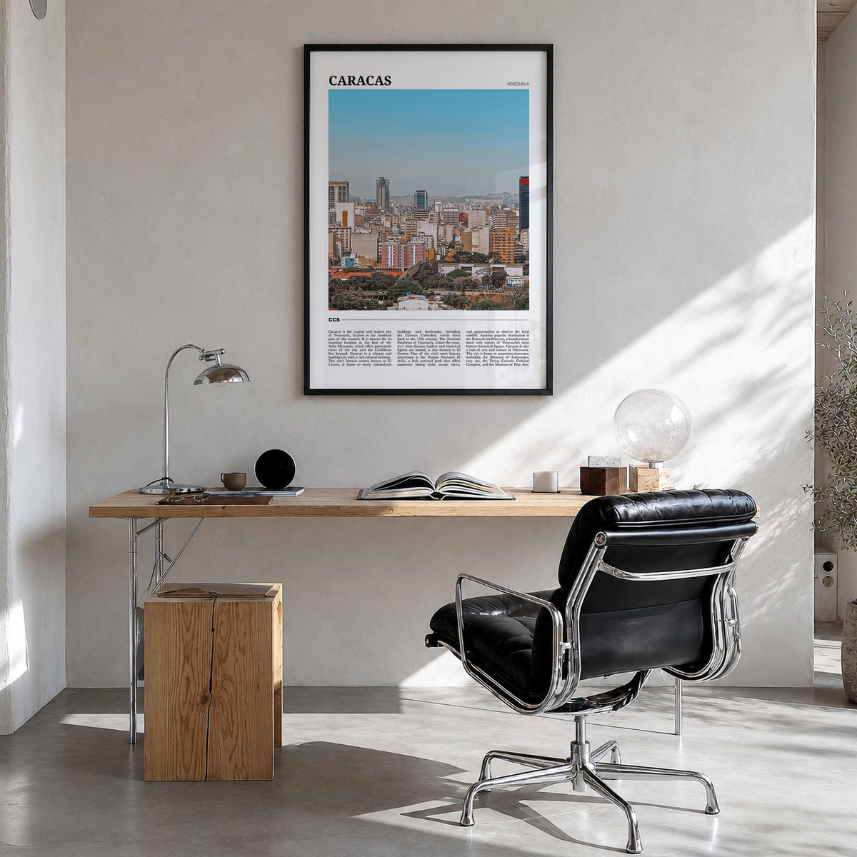 Caracas no. 3 colorful travel poster of Venezuela – vertical wall art in black wood frame, hanging on wall