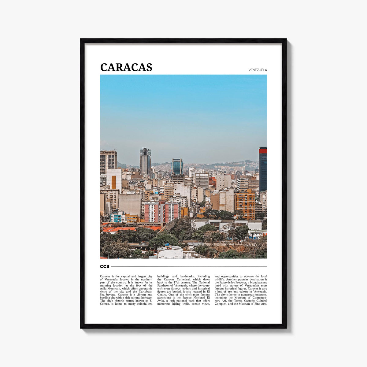 Caracas no. 3 colorful travel poster of Venezuela – vertical wall art, unframed print shown in interior mockup