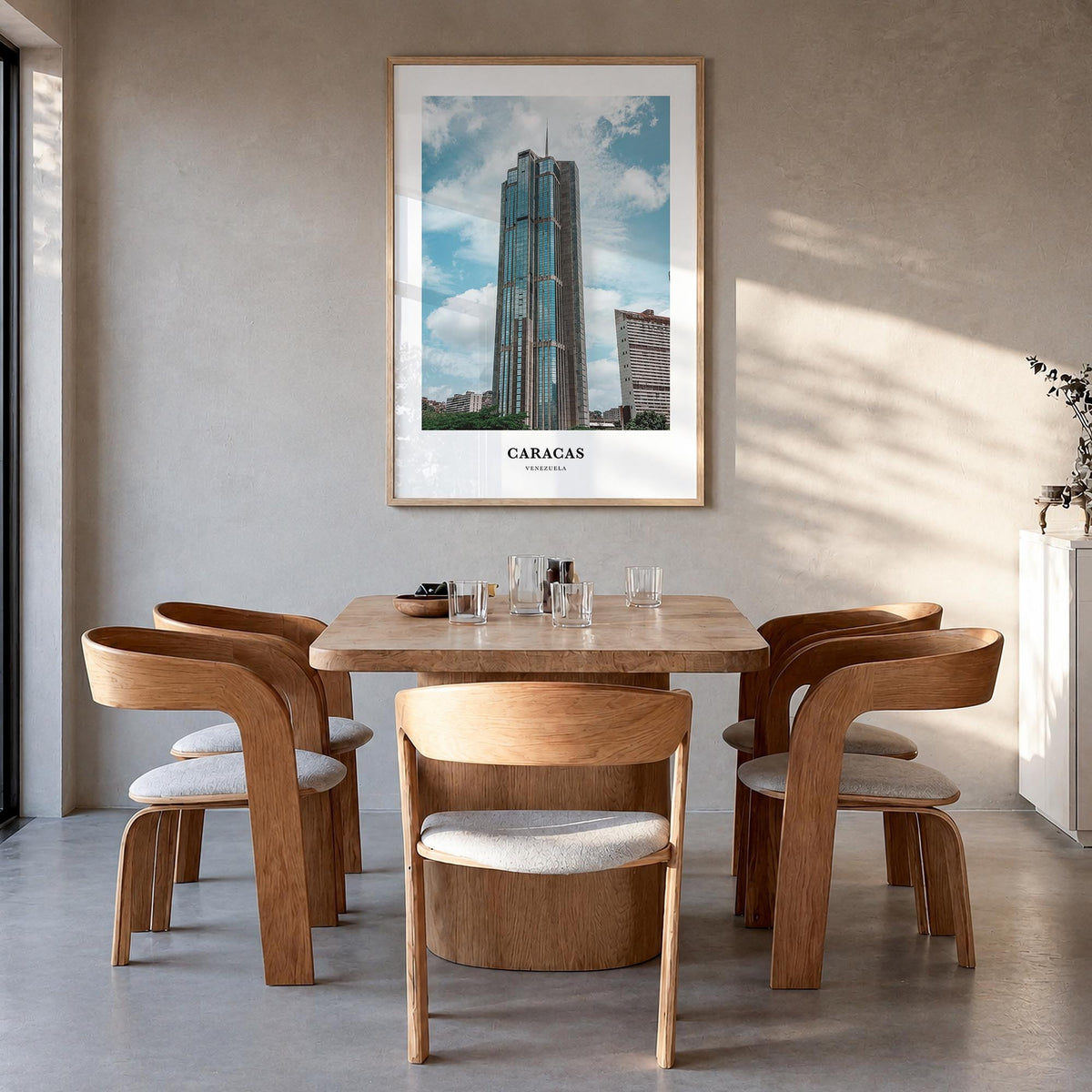 Caracas no. 4 colorful classic poster of Venezuela – vertical wall art in natural wood frame, hanging on wall