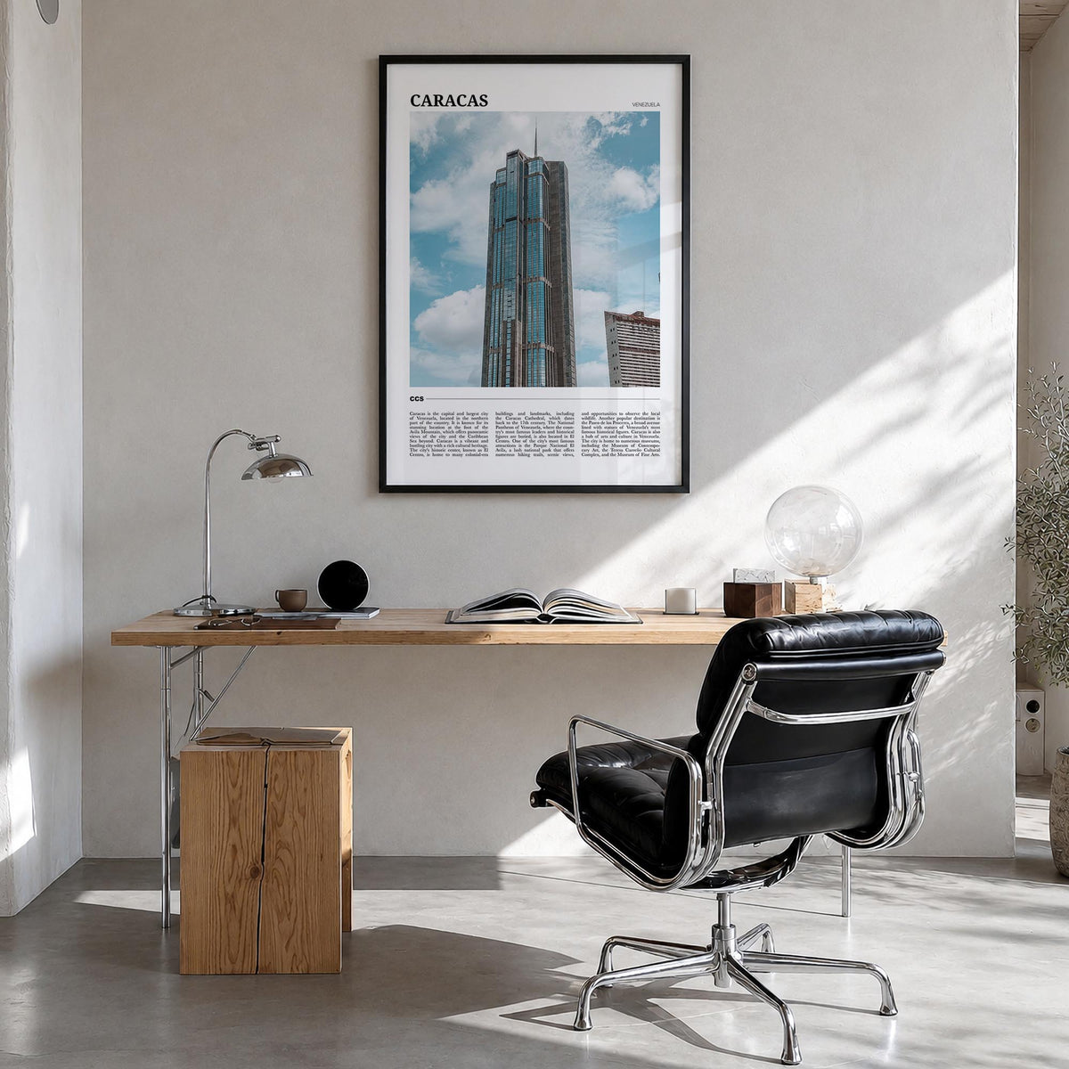 Caracas no. 4 colorful travel poster of Venezuela – vertical wall art in black wood frame, hanging on wall