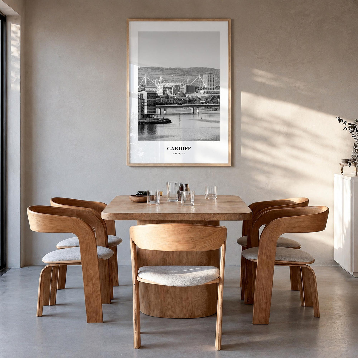 Cardiff black & white classic poster of Wales, UK – vertical wall art in natural wood frame, hanging on wall